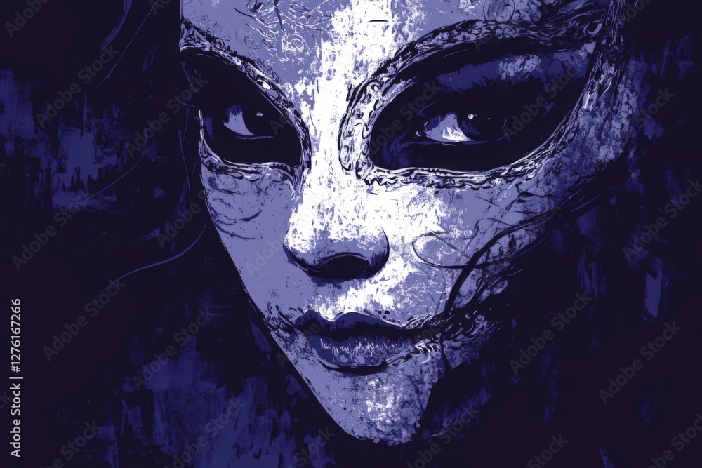 Aufkleber mysterious figure with intricate face markings in dark tones enhances an otherworldly atmosphere