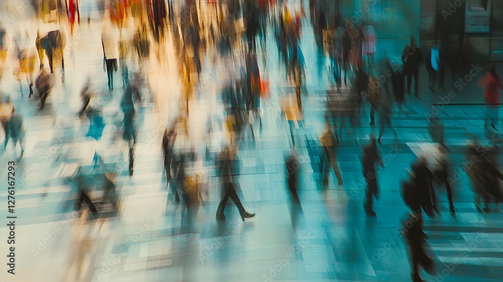 Poster Blurred motion of an anonymous crowd of people walking hurrying and commuting along a busy city street with modern skyscrapers and buildings in the background capturing the fast paced