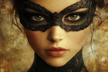 Mysterious woman with lace mask and striking eyes during a dramatic portrait session in a vintage atmosphere