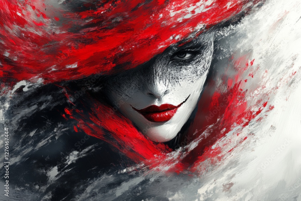 Poster portrait of a mysterious figure wearing a striking red and black ensemble with dramatic makeup and i