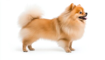 Obraz premium Fluffy dog standing on white background, showcasing its thick, light orange fur and bushy tail. The dog is in profile view, looking to the right