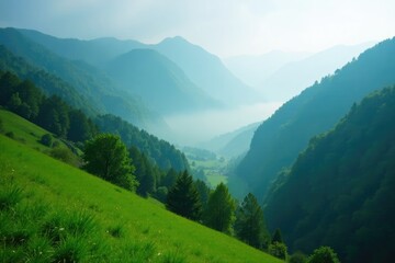 Fototapeta premium Misty valley nestled in the green mountains foggy landscape, fog, scenery, landscape
