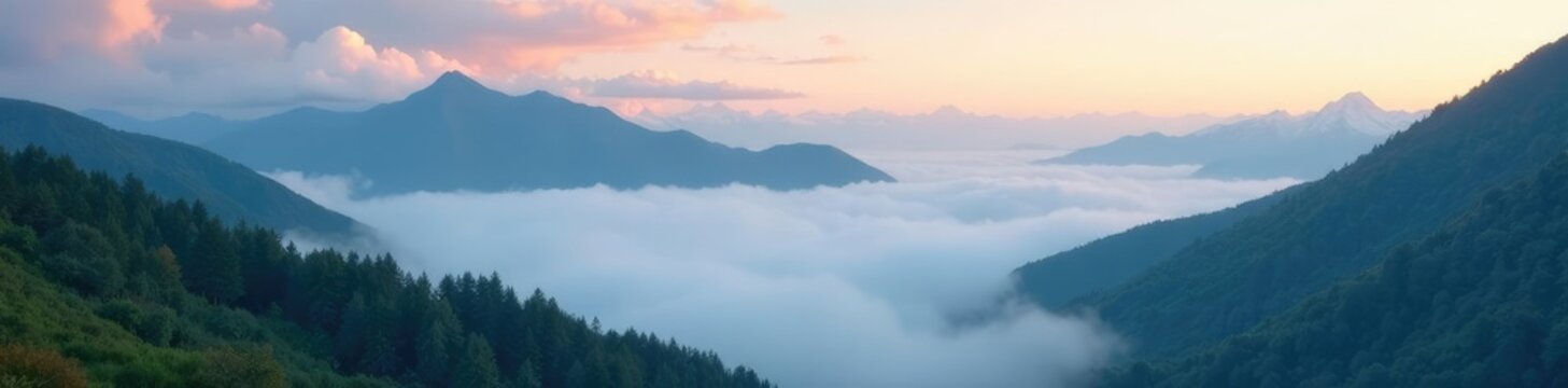 Misty veil covers the Altai Mountains landscape, peaceful atmosphere, clouds, alti
