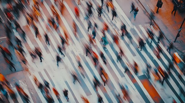 Blurred motion of a large crowd of people hurrying through a bustling city street at night creating a dynamic high energy atmosphere of urban life and modern metropolitan activity