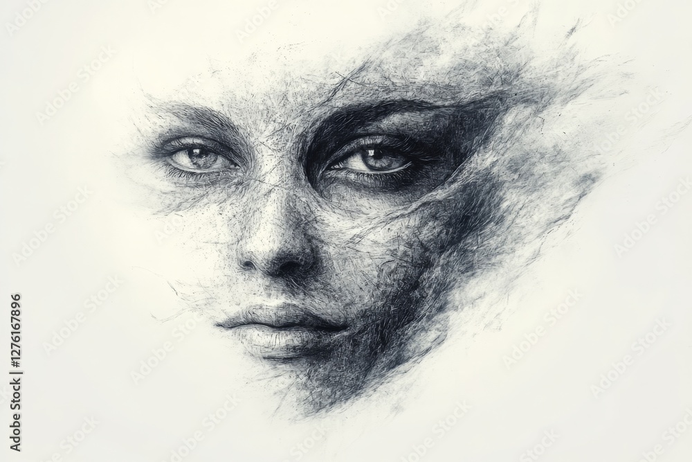 Aufkleber artistic representation of a woman's face blending with abstract forms in a unique drawing