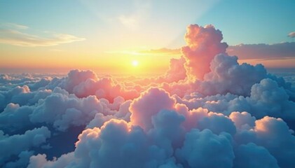 Morning sunrise over the blue sky with fluffy white clouds, illumination, heat