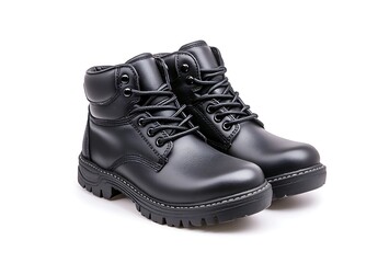 Pair of black leather boots isolated on white background.