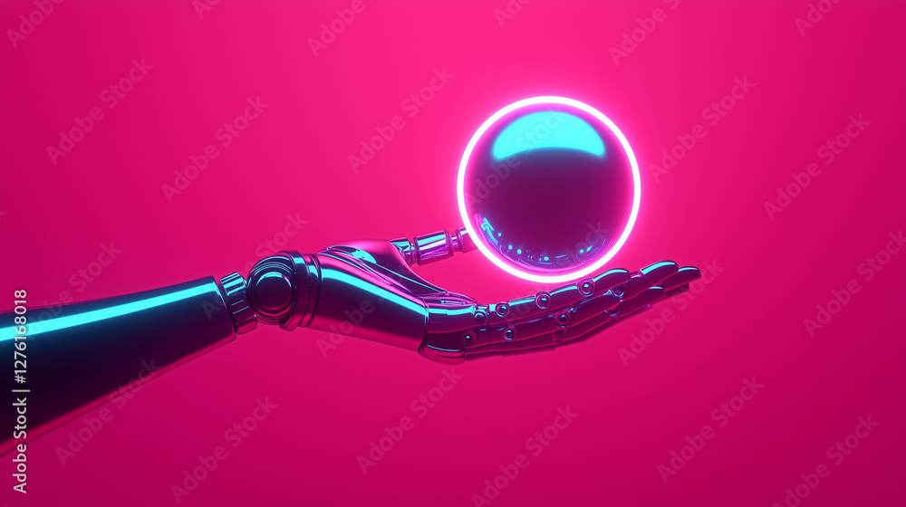 Poster sleek robotic hand holds glowing orb, showcasing advanced technology and futuristic design. vibrant 