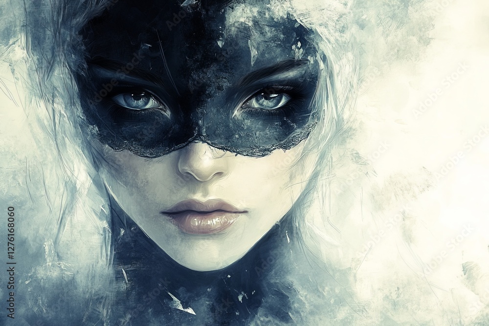 Poster mysterious figure with a black mask and ethereal background conveying intrigue and allure in a surre