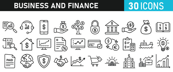 Business and Finance set of icons for web. Money and Payment icons for web and mobile app. Business, Money, payments, financial report, pay, banking, partner, coin, growth