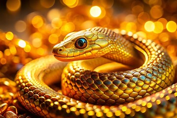 Fototapeta premium Elegant Golden Snake, Intricate Scales, Tilt-Shift Miniature, Luxury Reptile Design