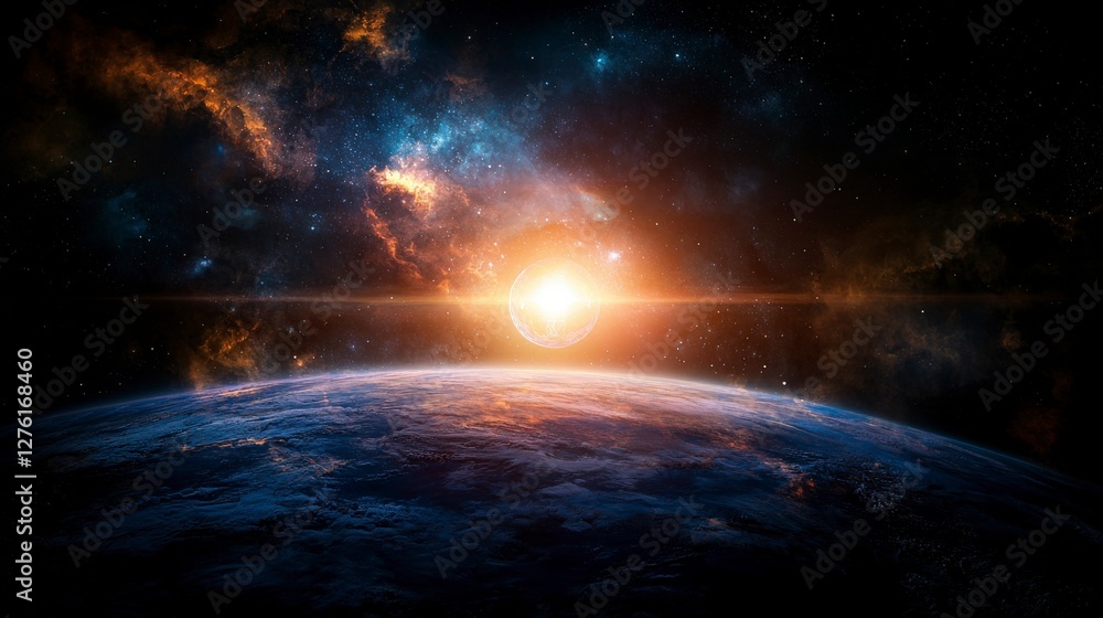 Poster interstellar journey exploring space earth perspective digital art cosmic environment vast viewpoint