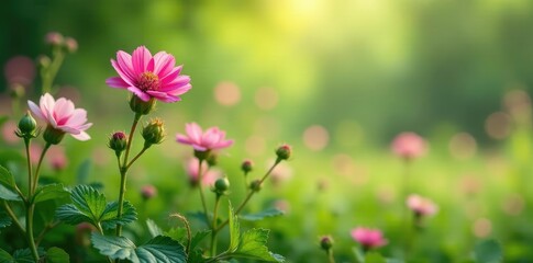 Obraz premium Natural environment with Althaea officinalis flowers, herbage, marshmallow, flowers