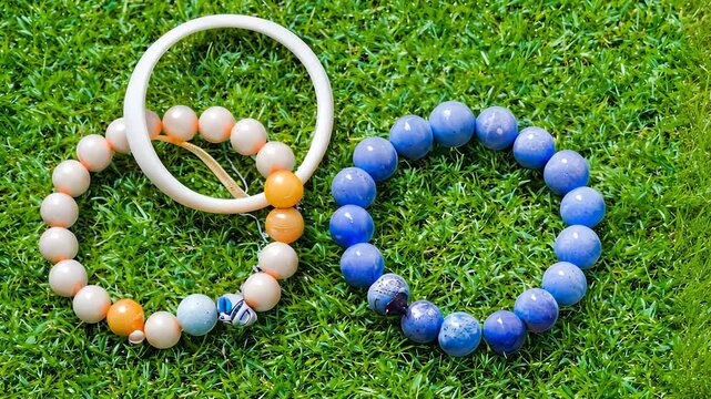 Two colorful bracelets on the grass. Green and blue lawn bracelets in a green color. Mugs with a light decoration of grass. Two vibrant bracelets resting on the lifestyle grass.
