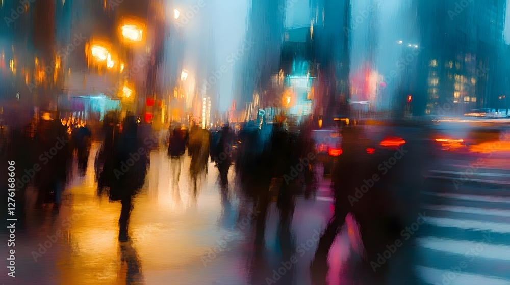 Aufkleber blurred motion of anonymous people walking and commuting in a busy illuminated city street at night 