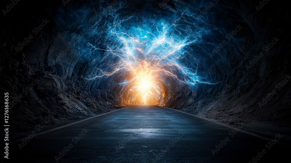 Poster illuminating transformation journey through a luminescent tunnel abstract art digital realm spiritua