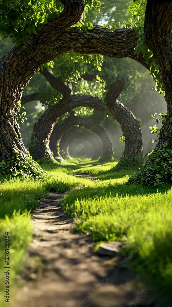 Poster enchanted pathway through lush forest with winding trees and vibrant greenery, creating a serene nat