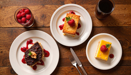Delectable desserts with raspberries on wooden table