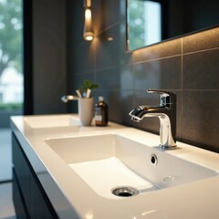 Sleek chrome sink basin with faucet in modern bathroom, kitchen sink, faucet