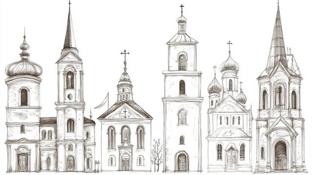  Hand Drawn Church Buildings, Vintage Architectural Vector Illustration of Religious Structures with Detailed Sketches of Cathedrals, Chapels, and Christian Landmarks in Traditional Art Style.