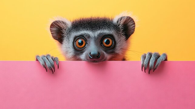 Creative animal design. Lorisidae curiously peeking over a vibrant pastel background. Advertisement, banner, card. Space for copy text.