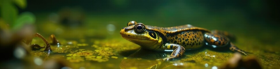 Fototapeta premium Small yellow belly exposed partially submerged in murky water, water, amphibian, algae