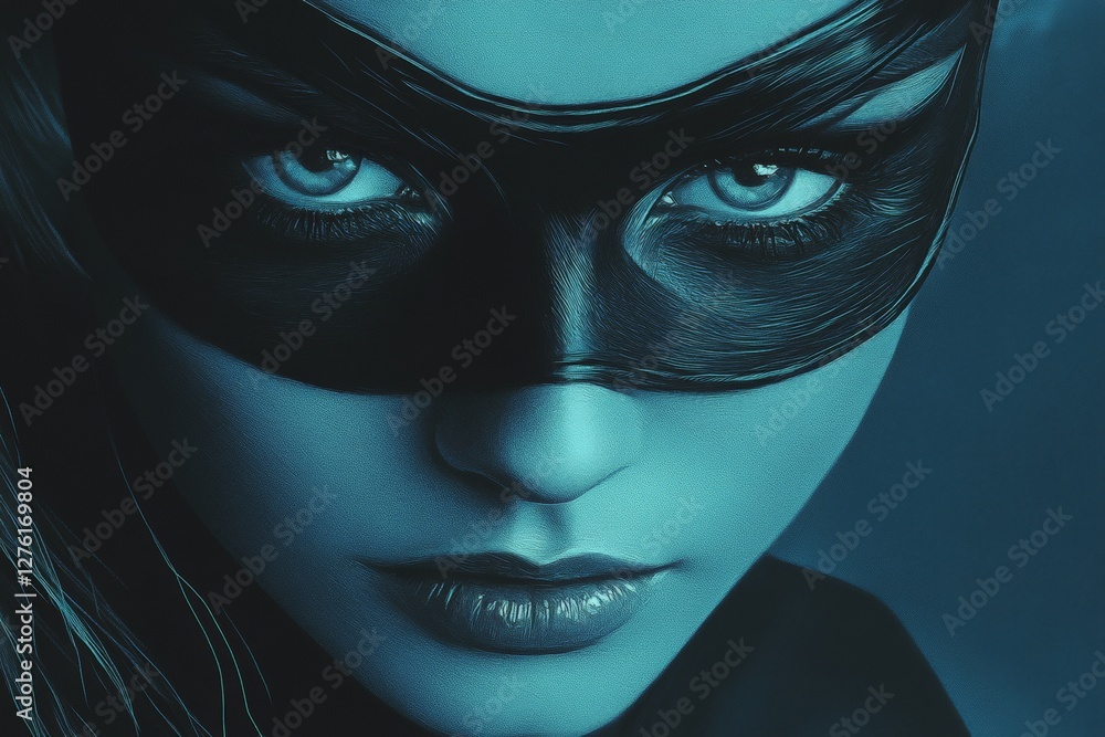 Poster mysterious figure in a dark mask gazes intensely with piercing blue eyes in a moody setting