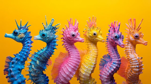 A group of seahorses dressed in funky, wacky, and mismatched colorful outfits against a bright background. Perfect for advertisements, banners, and birthday party invitations, with space for copy