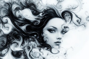 Intricate black and white portrait of a woman with flowing hair amidst swirling patterns