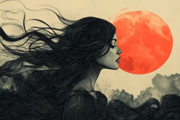Portrait of a woman with flowing hair against a vivid red moon in a surreal landscape