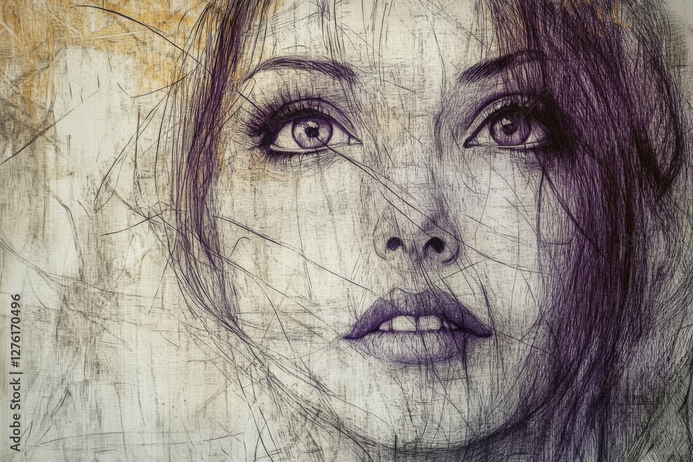 Poster portrait of a woman captured in a detailed artistic style featuring intricate lines and expressive f