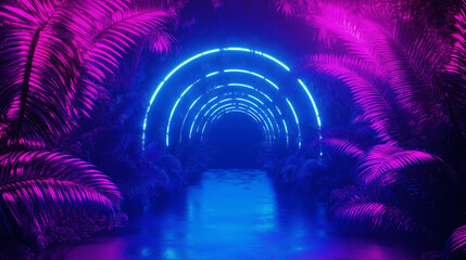 Futuristic neon jungle tunnel with glowing blue arches for cyberpunk, sci-fi, and immersive fantasy concept designs
