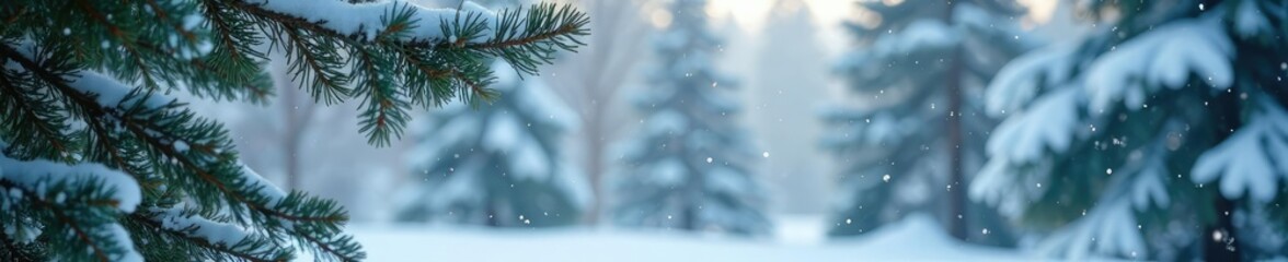 Snowflakes dance among the branches of coniferous trees, snowfall, conifer