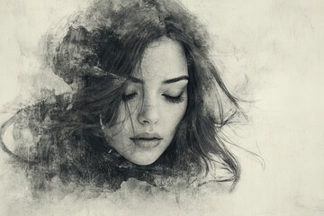 Portrait of a woman with flowing hair and a textured artistic background in monochrome style