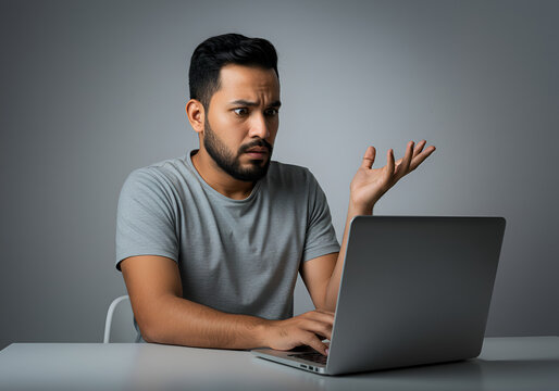 Concerned puzzled Latin freelance worker man looking at laptop with confused hand gesture. Frustrated worried computer user getting bad news, job technology failure, feeling shock, stress.