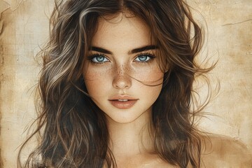 Fototapeta premium Young woman with captivating blue eyes and natural beauty poses against a textured background