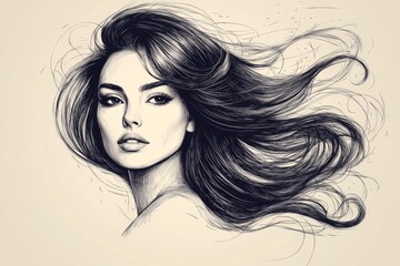 Naklejka premium Elegant sketch of a woman with flowing hair captured in soft, expressive lines showcasing beauty and grace