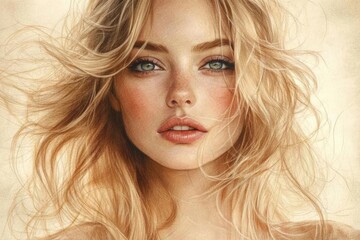 Naklejka premium Stunning portrait of a woman with flowing blonde hair and captivating green eyes in soft natural light