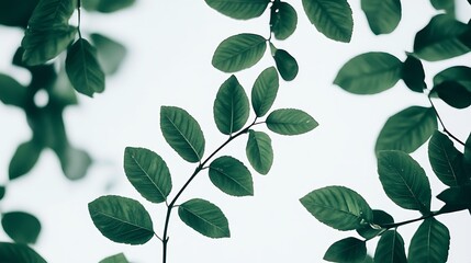 Lush green leaves against a bright white background