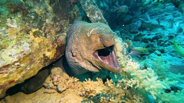 Giant moray eel gymnothorax javanicus on tropical reef underwater shipwreck being cleaned by cleaner wrasse in open mouth