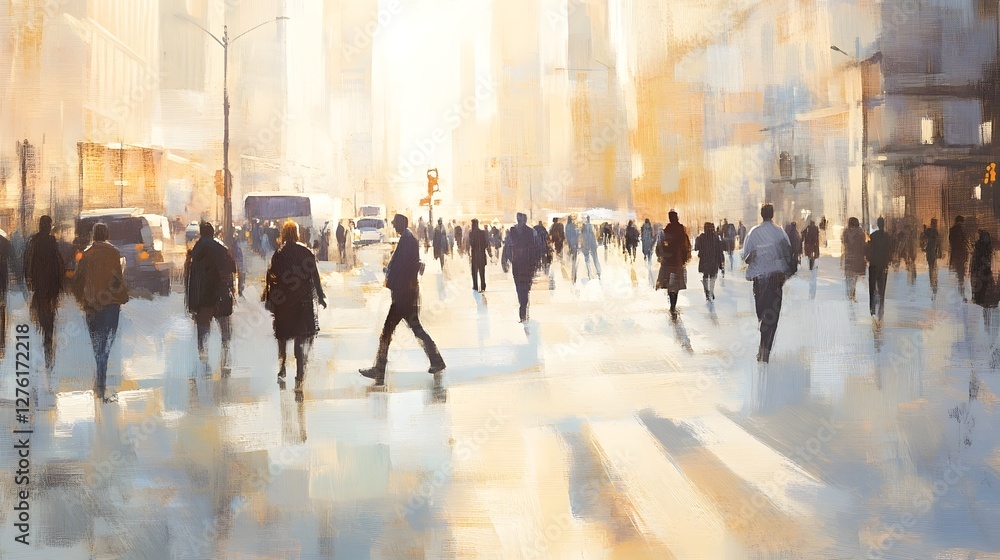 Poster bustling city street with silhouetted pedestrians walking along the sidewalk during the daytime rush