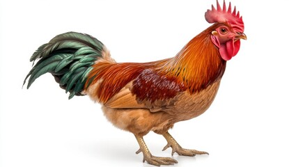 Fototapeta premium Rooster with reddish brown plumage, a vibrant red comb and wattles, and a long, dark green teal tail. The bird is captured in profile view against a