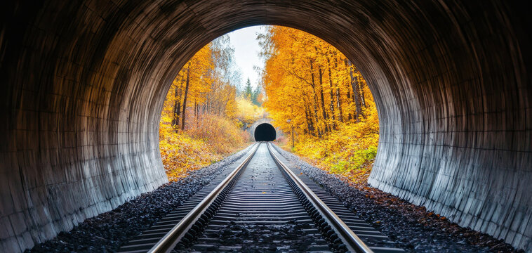 train emerging from dark tunnel into vibrant autumn landscape, showcasing colorful trees and railway tracks