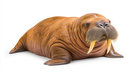 Obraz premium A large, reddish brown walrus with prominent tusks rests on a plain white background. The walrus's skin shows wrinkles and texture, its tusks are