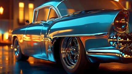 Classic car displays sleek chrome detail in an urban setting