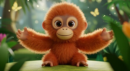 Fototapeta premium Adorable Baby Orangutan Reaching Out in Lush Jungle Illustration