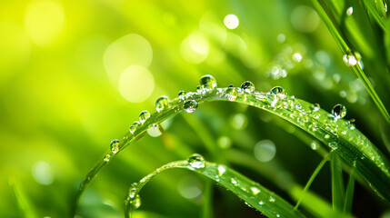 fresh green grass with sparkling dewdrops in morning sunlight for nature and wellness themes