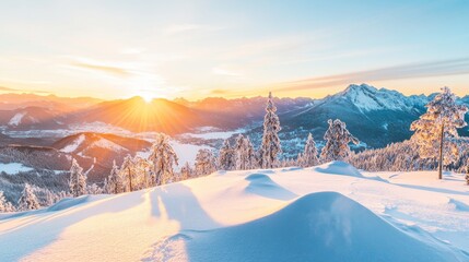 Stylized Illustration of a Snow-Capped Mountain at Sunset with Pine Trees