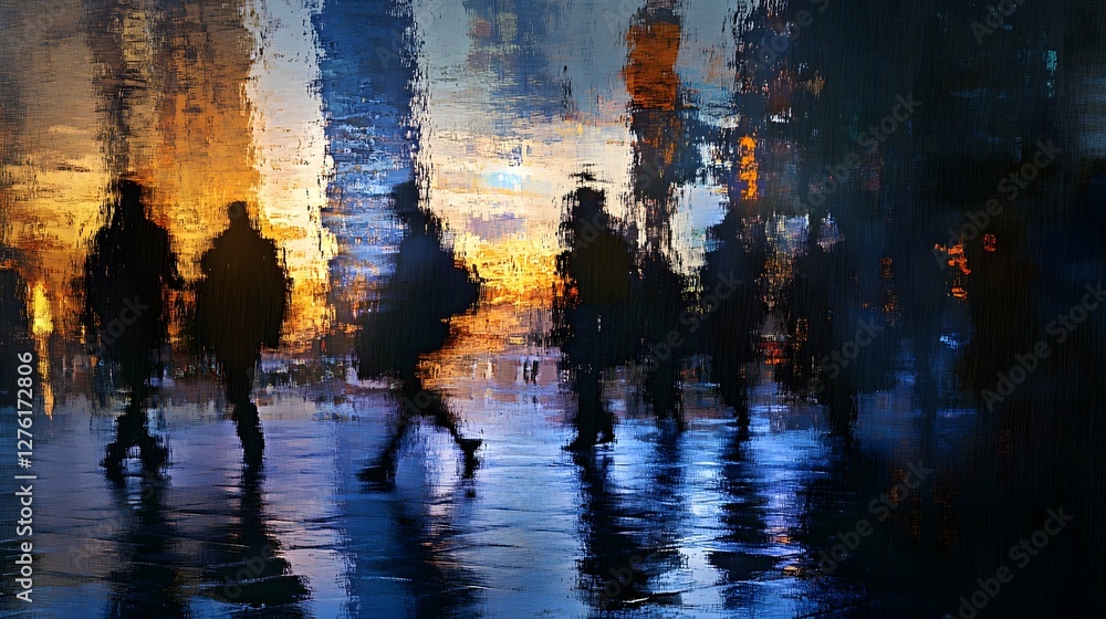 Poster bustling city streets reflected in the wet pavement at dusk with blurred silhouettes of commuters wa