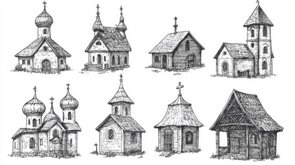Naklejka premium Hand Drawn Church Buildings, Vintage Architectural Vector Illustration of Religious Structures with Detailed Sketches of Cathedrals, Chapels, and Christian Landmarks in Traditional Art Style.